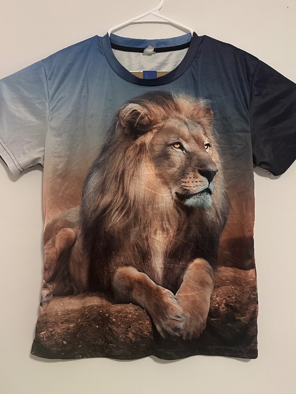 Lion All Over Print Animal Graphic Jersey T-Shirt Medium Blue Y2K Short Sleeve